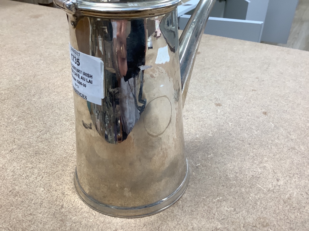 An 18 century Irish silver café au lait pot, indistinct marks, circa 1770?, height 20.8 cm, 20.5 oz (patched).